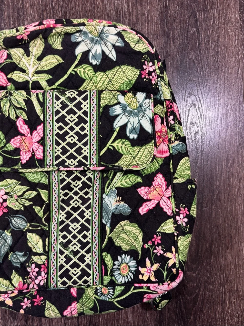 Vera Bradley Black Floral Quilted Backpack with Pink and Green Accents